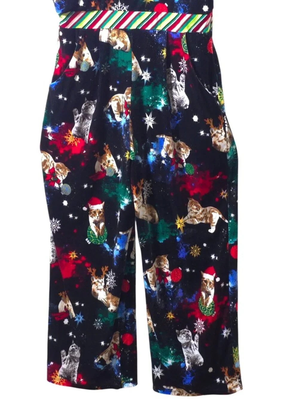 Christmas Cat Overalls Womens Lg Holiday Jumpsuit Santa Kitty Wide Leg Festive